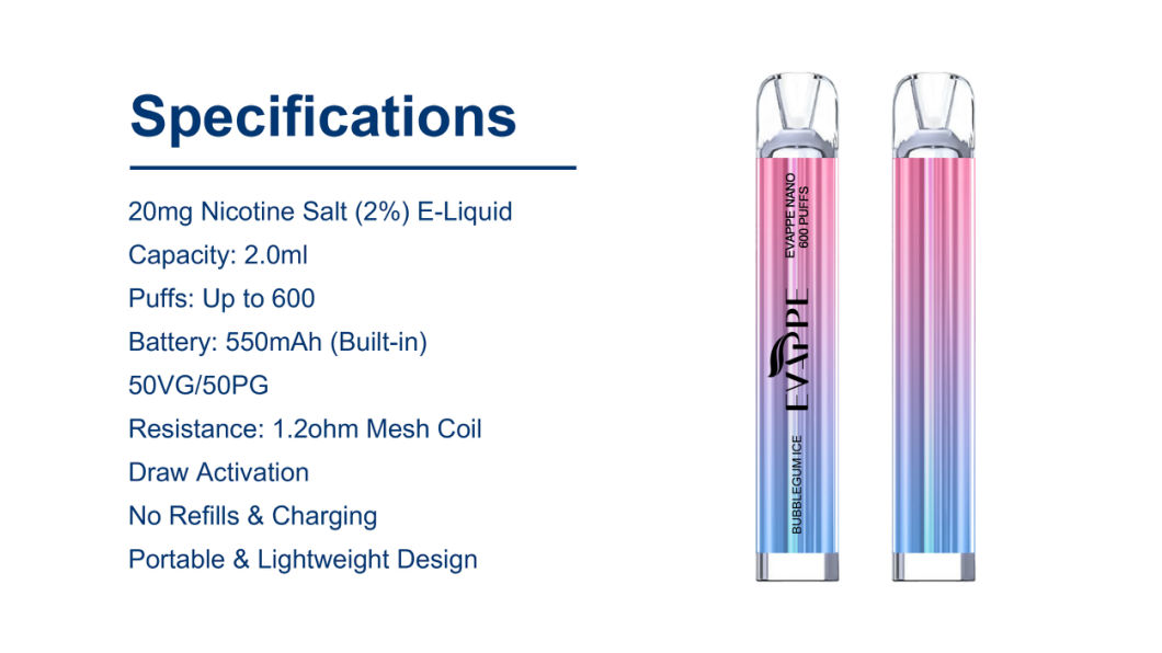 New Vape 600 Puffs Evappe Nano 20mg Nicotine Salt (2%) E-Liquid Disposable E Cigarette