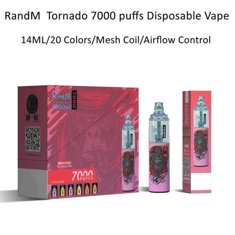 Randm Tornado 7000 Puffs Disposable Vape Pen 50mg Flashing RGB LED 850mAh Rechargeable Disposable Mini E-Cigarette with 38 Excellent Flavors